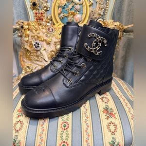 CHANEL Black Quilted Leather Boots with Gold Eyelets